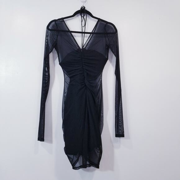 Cinq a Sept Black Ruched Mesh Mini Bodycon Dress Long Sleeves Plunging Neckline - Picture 3 of 12